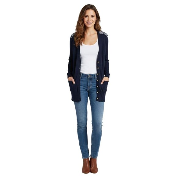 Tory Burch Jacet Peacock Silk Back Logo Button Pocket Cardigan Sweater Size L - Picture 1 of 10